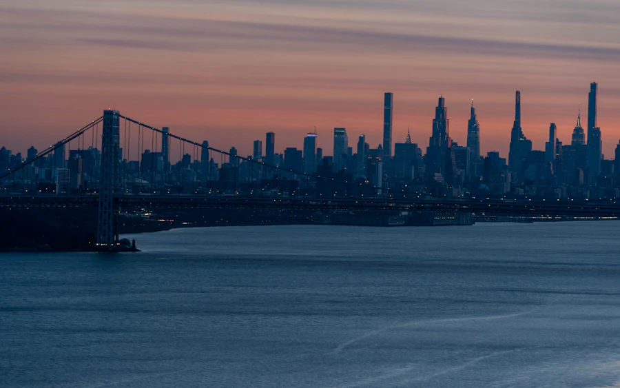 City skyline and bridge at dusk