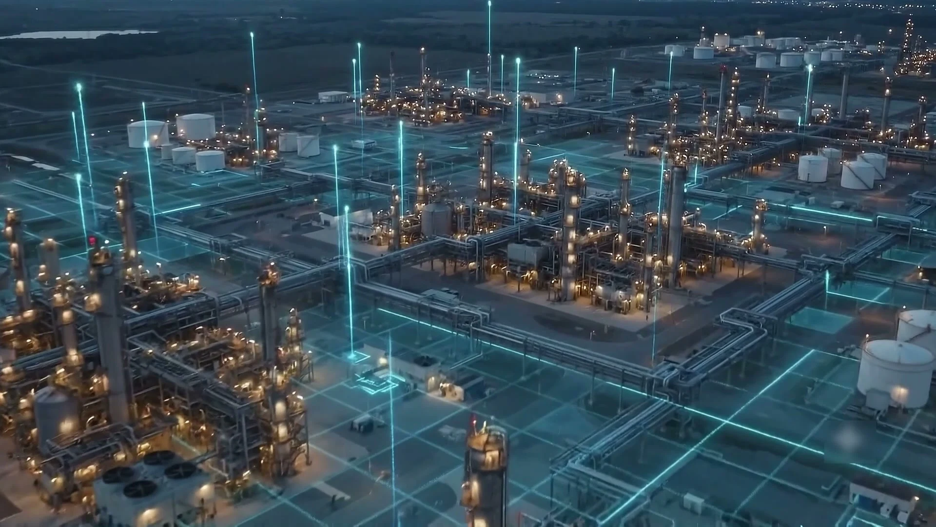 Aerial view of an industrial refinery at dusk connected by a Super Wi-Fi network overlay